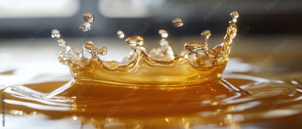 Poster captivating splash of golden liquid forming a crown shape in a dynamic composition with blurred back