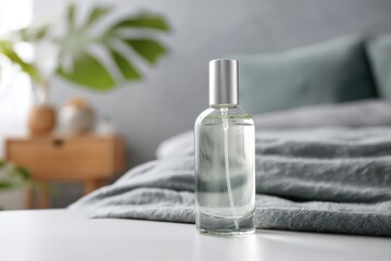 Serene bedroom ambiance with clear glass spray bottle on white table against soft gray bedding and monstera plant minimalist home fragrance concept