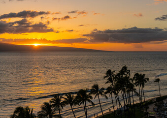 Sunset on The Sandy Shores of Kaanapali Beach With Lanai in The Distance, Kaanapali, Maui, Hawaii,...