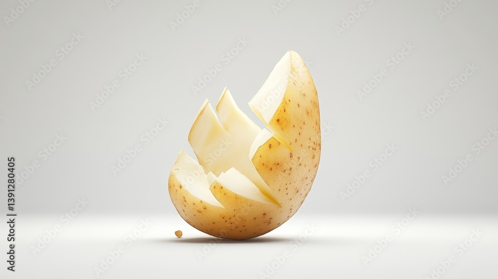 Poster Sliced Potato on Grey Background with Unique Curved Shape and Texture