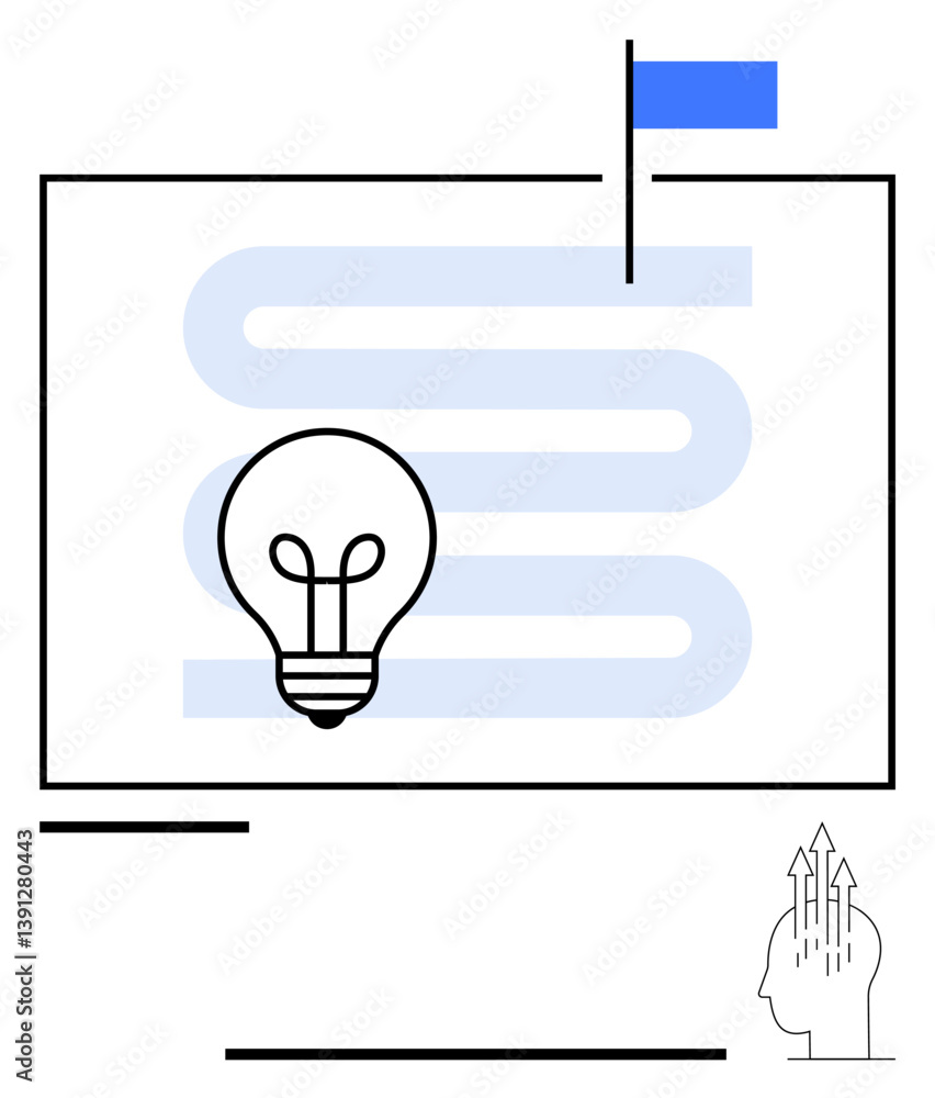 Poster lightbulb with zigzag path leading to flag symbolizing innovation, progress, and achievement. head s