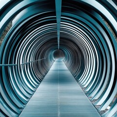 Fototapeta premium Futuristic tunnel walkway. A modern, steel walkway, resembling a tunnel, with concentric circles creating a perspective effect. The path leads into the distance