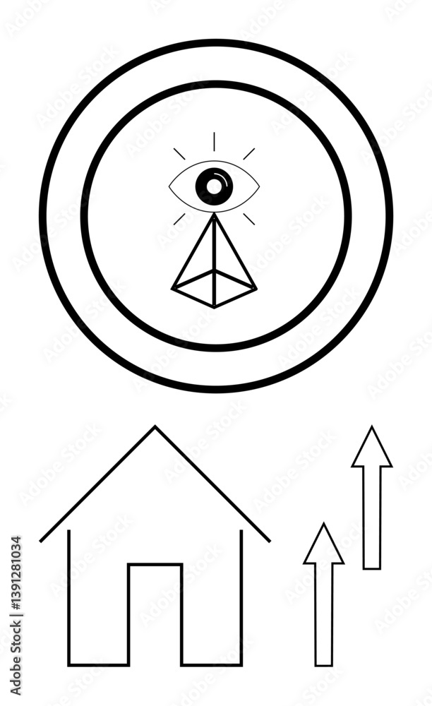 Aufkleber geometric eye with triangular base within circle symbolizing insight and focus, above house and upwa