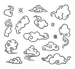 Creative collection of cloud doodle elements on white background