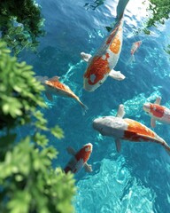 Serene pond with koi fish swimming gracefully in crystal clear water reflecting sunlight and lush green foliage creating a tranquil and beautiful scene