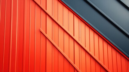Abstract architectural facade with diagonal lines of red and black corrugated metal siding.