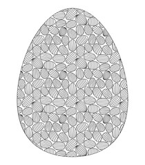 Large Easter egg filled with a seamless pattern of small outlined eggs. Black and white coloring page for kids, adults, and creative spring activities