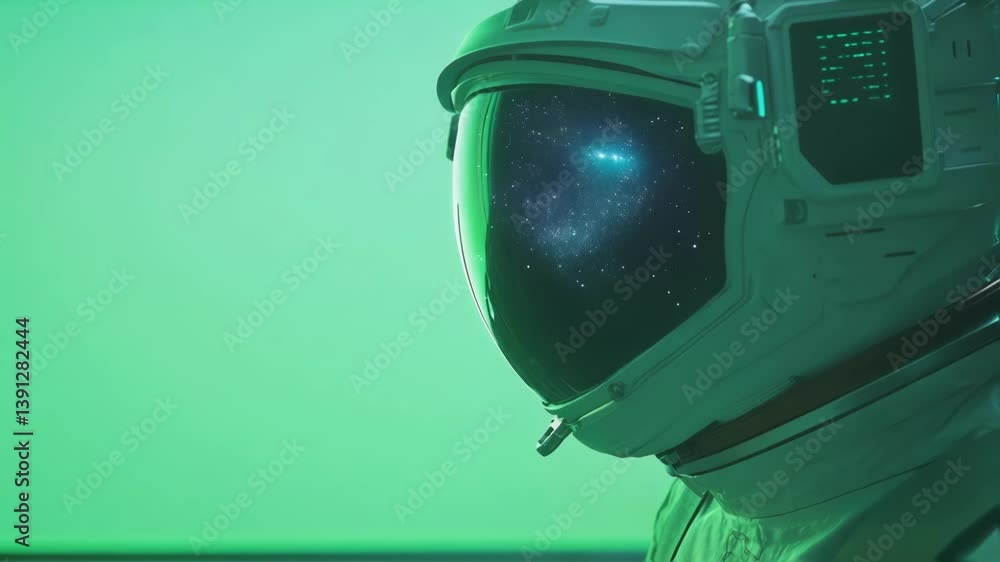 Aufkleber astronaut wearing a spacesuit and helmet with a galaxy reflected in the visor stands against a green
