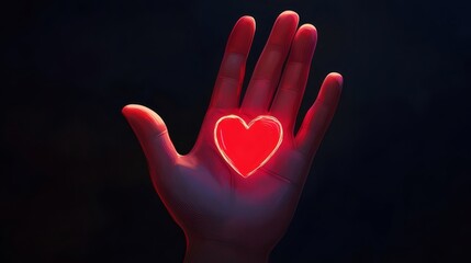 Hand Holding a Glowing Red Heart Symbol in Dark Background Representing Love and Compassion