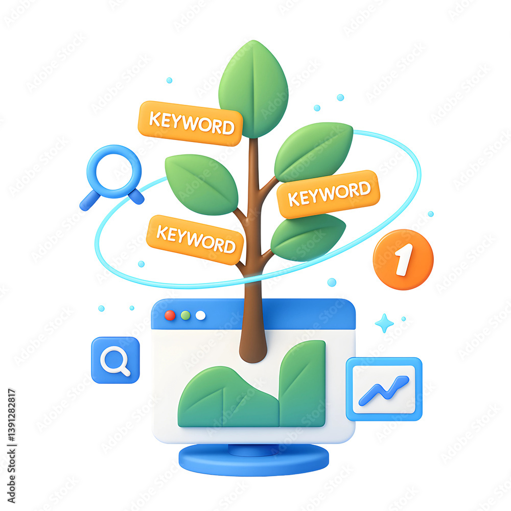 Poster seo keyword growth tree in 3d illustration concept for digital marketing with png transparency backg