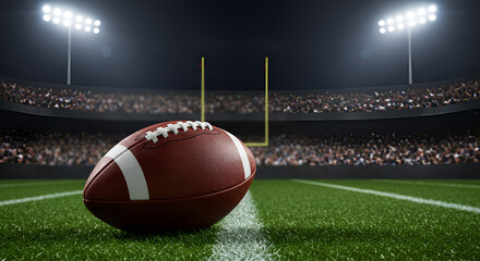 A close-up view of an American football resting on lush green turf, with the stadium lights illuminating the scene and a packed crowd in the background