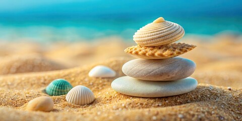 Close-up of intricately stacked small white pebbles or rocks on the warm beige raked sand