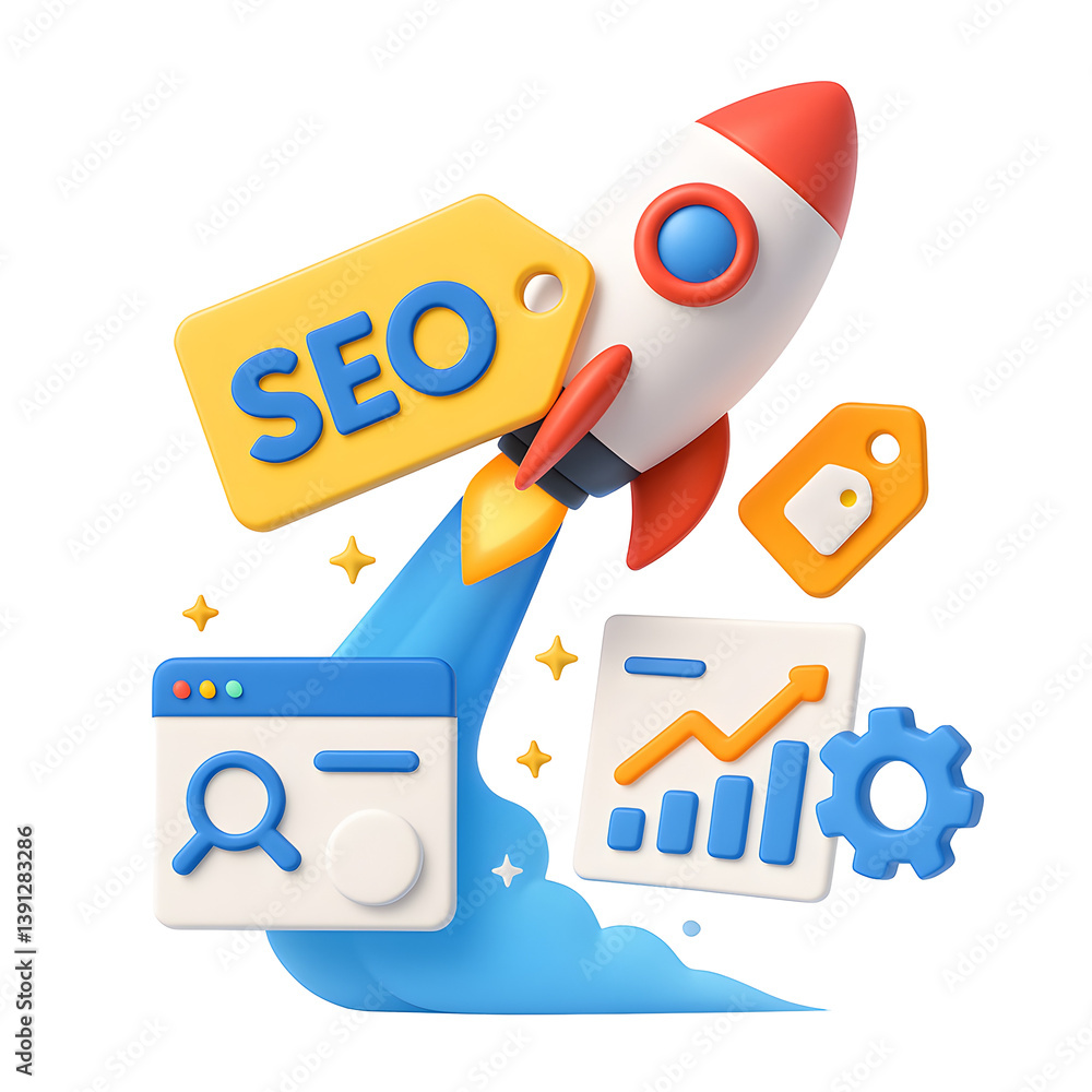 Poster seo success concept with rocket and data graph in 3d illustration style on png transparency backgrou