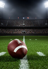 A close-up view of an American football resting on lush green turf, with the stadium lights illuminating the scene and a packed crowd in the background