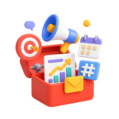 Marketing toolbox with charts, megaphone and calendar in 3D illustration on PNG transparency background for business strategy and advertising.  
