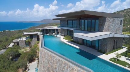 Fototapeta premium Luxurious stone villa with infinity pool overlooking the turquoise sea and green hills under a clear blue sky modern architecture