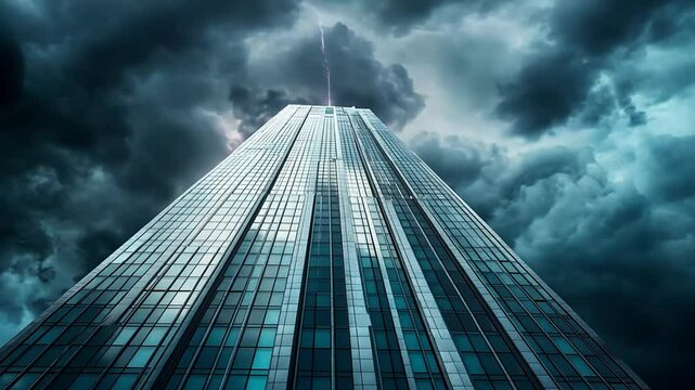 Modern glass skyscraper reflecting ominous storm clouds with lightning flashes backdrop