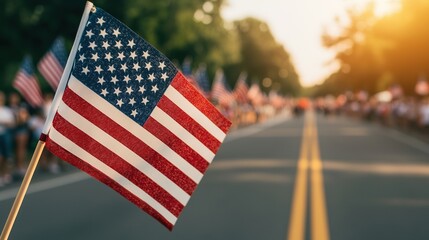 Usa flag banners displayed along street for memorial event outdoor celebration festive ambiance wide perspective