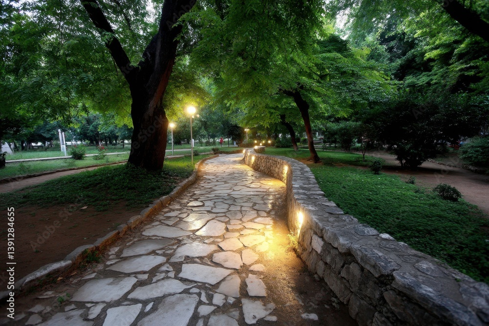 Poster serene stone path illuminated by warm lights winding through lush green park at twilight creating in
