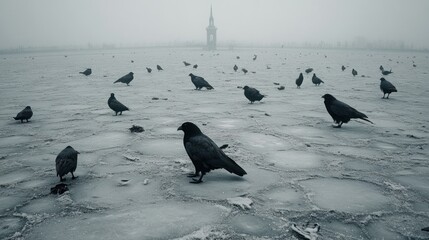 Flock of birds on a frozen lake in the fog