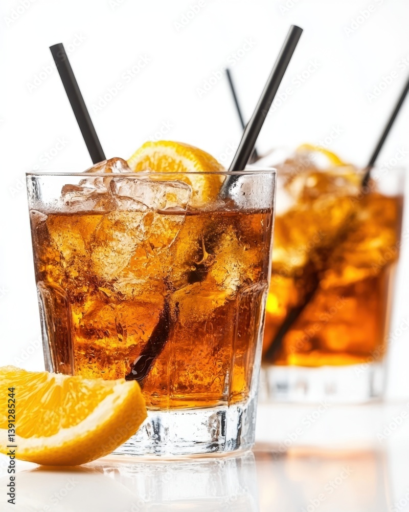 Poster refreshing iced tea with orange slice in glass on white surface capturing a refreshing and inviting 