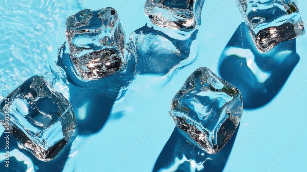Aufkleber refreshing ice cubes on a vibrant blue background creating a cool and inviting summer mood with wate