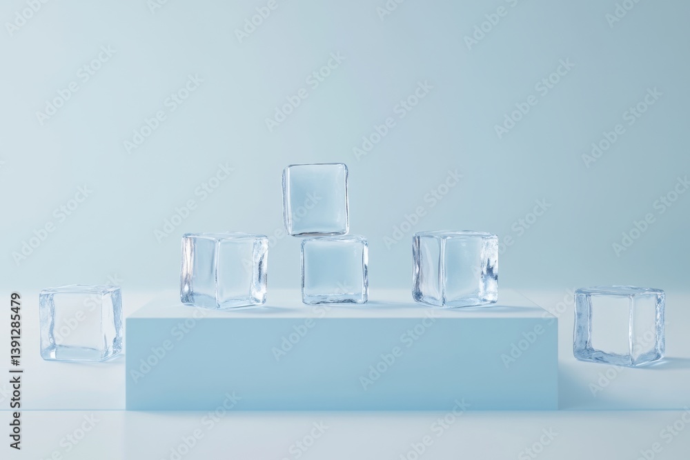 Aufkleber serene arrangement of refreshing ice cubes on a light blue pedestal creating a cool and minimalist v