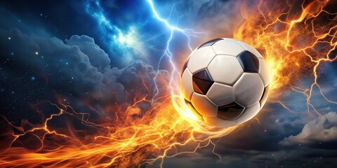 Fototapeta premium Soccer ball engulfed in flames with lightning streaking across the night sky, amidst a backdrop of dark clouds and stars