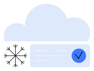 Large cloud behind snowflake and rectangular card featuring blue circle with check mark. Ideal for weather apps, forecasts, winter themes, success icons, data validation, cloud services, seasonal