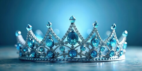 Regal royal crown adorned with glittering precious blue diamonds against a soft light blue background, regalia, luxury,  regalia