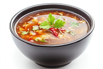 A realistic photo of Hot and Sour Soup, hyper-realistic, isolated on white