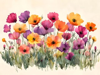 Watercolor Painting of Purple Orange and Red Flowers with Green Leaves on Light Cream Background