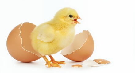 Fototapeta premium Adorable newborn chick emerging from eggshell on a white background