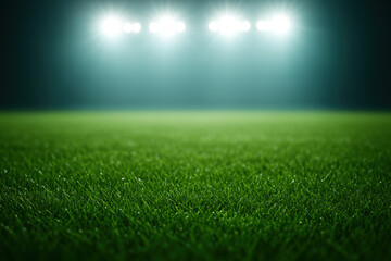 Brightly lit football field under stadium lights at nighttime