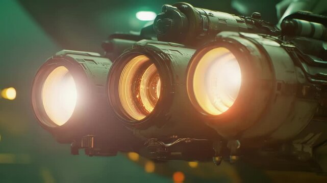 Powerful engines of futuristic spaceship are slowly turning on, illuminating space dock with bright orange light, preparing for interstellar travel