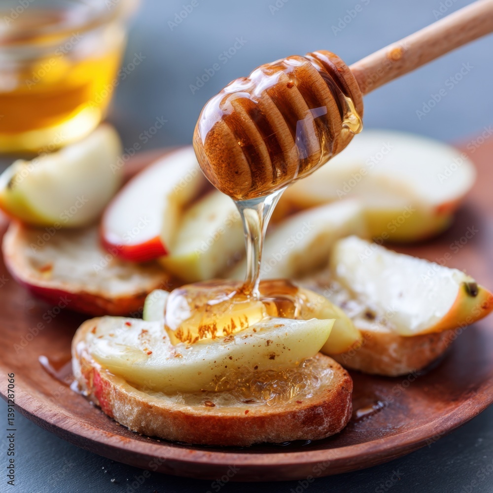 Poster golden honey drizzle over apple slices on toasted bread creating a sweet and healthy snack with a ru