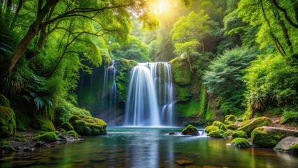 Waterfall in forest with greenery, water flow, peaceful atmosphere