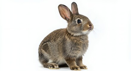 Adorable brown rabbit sitting attentively on a white background studio