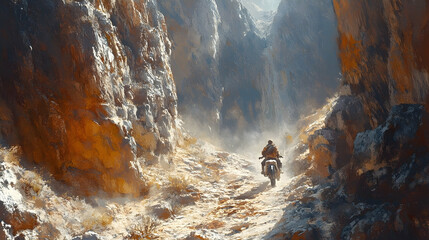 A lone motorcyclist rides through a rocky desert canyon with dust