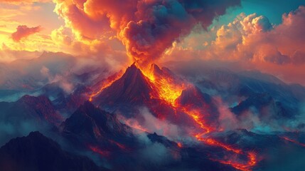 Erupting volcano at sunset, fiery lava flows down mountainside.