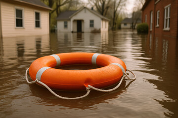 Lifesaver floating in flooded residential area highlighting severe weather impact