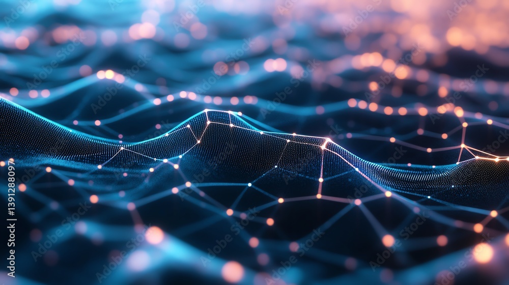 Poster digital representation of interconnected nodes over flowing surface during twilight hours