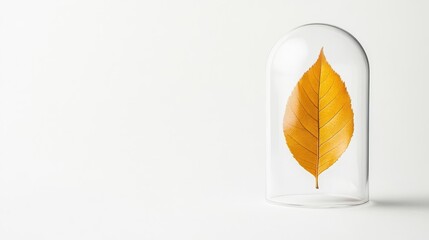 Vibrant Yellow Leaf Encased in Glass Dome on Minimalist Background