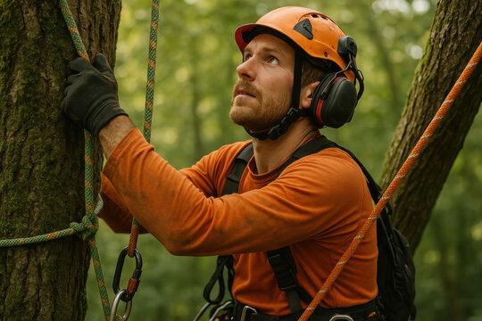 Professional arborist climbing tree in safety gear in forest environment