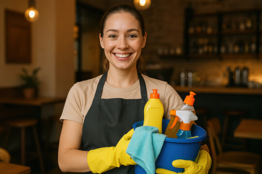 Smiling cleaner with cleaning supplies in cozy cafe setting - Powered by Adobe