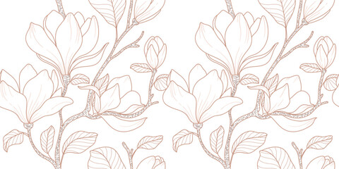 Hand drawn magnolia flower line pattern seamless background vector. Natural botanical elegant flower with branch, leaves. Illustration for package, wall decor, wallpaper, cover, banner, card.