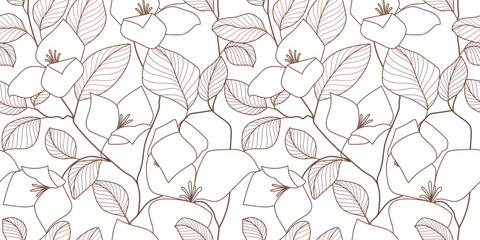 Hand drawn magnolia flower line pattern seamless background vector. Natural botanical elegant flower with branch, leaves. Illustration for package, wall decor, wallpaper, cover, banner, card.