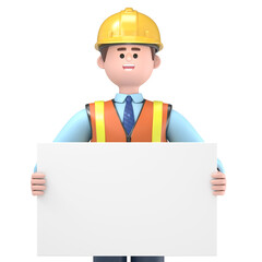 3D illustration of male engineer Owen  holding white blank board. Transparent Background Mockup.Supports PNG files with transparent backgrounds.