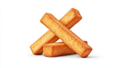 Three golden brown crispy breadsticks arranged in an X shape on a white background perfect for food blogs and menus.