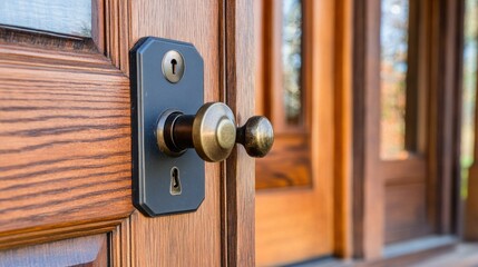 Fototapeta premium Elegant wooden front door with antique-style hardware